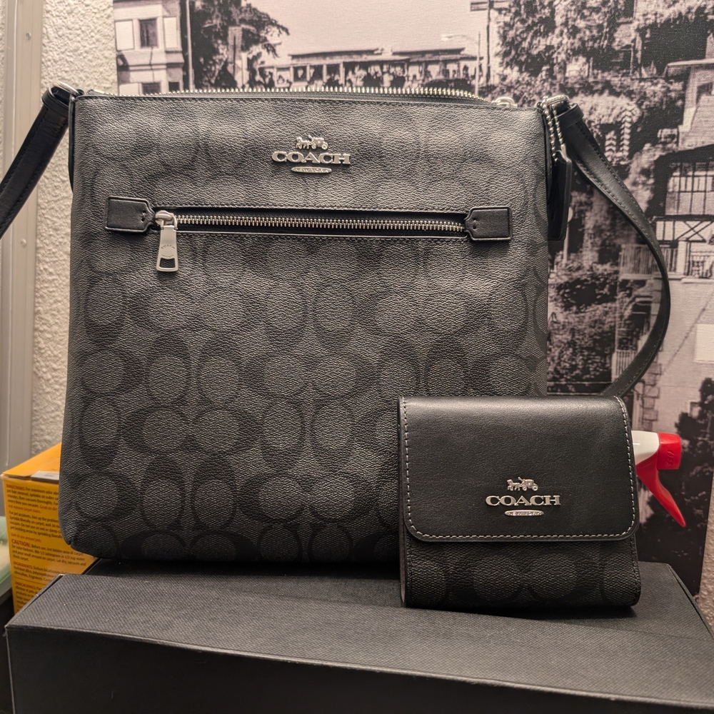 Coach Black Signature Crossbody and Matching Wallet Set